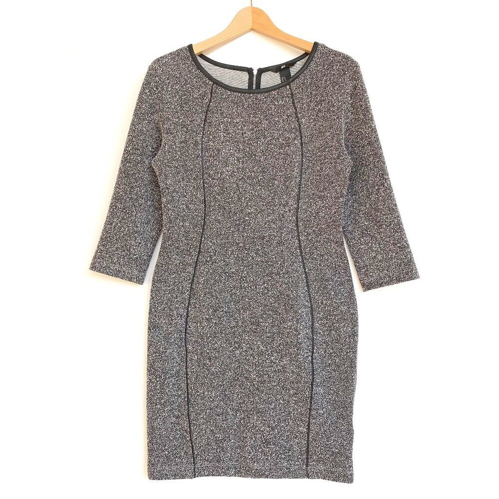 H&M Gray Textured Tweed Sheath Dress w/ Leather Trim Size 8